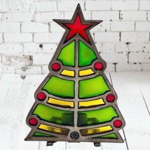 Vintage 6” Stained Glass Metal Christmas Tree Candle Holder Holiday Decor Nature